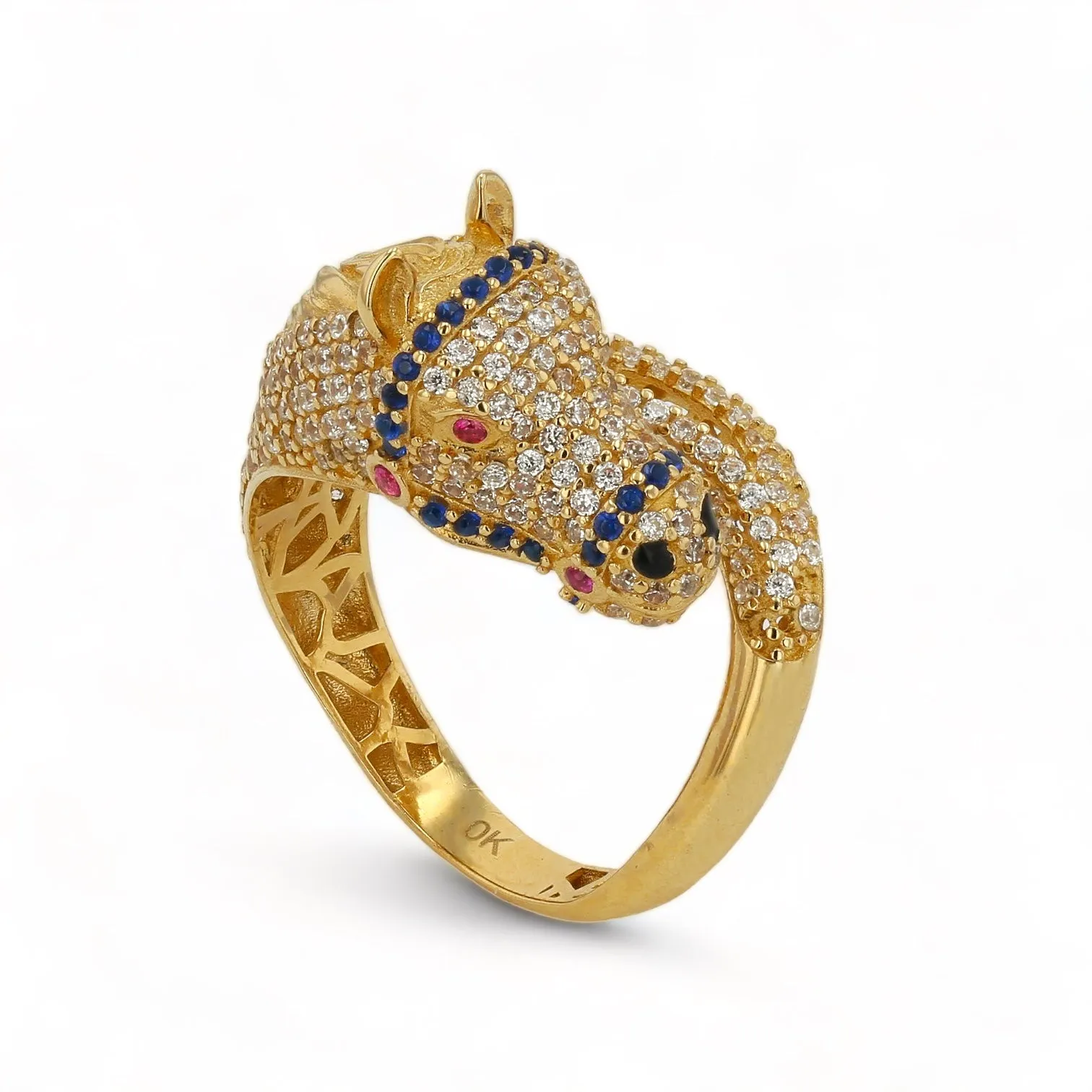 10 K Yellow Gold Ring with Horse Head and Blue, Red and White stones