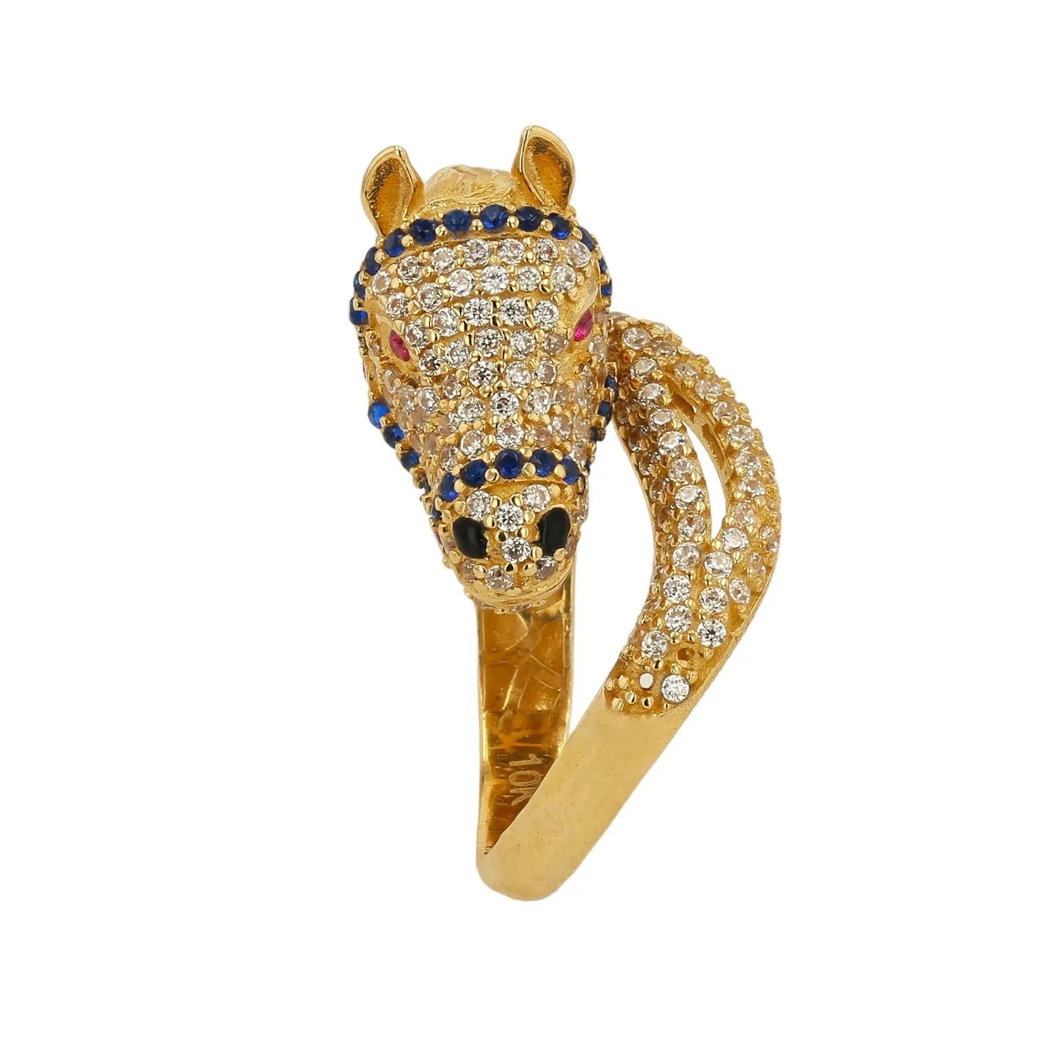 10 K Yellow Gold Ring with Horse Head and Blue, Red and White stones