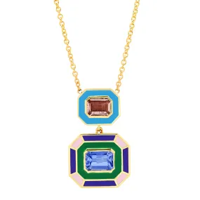 18K YG Hepburn Pink Tourmaline and Tanzanite Enamel Necklace