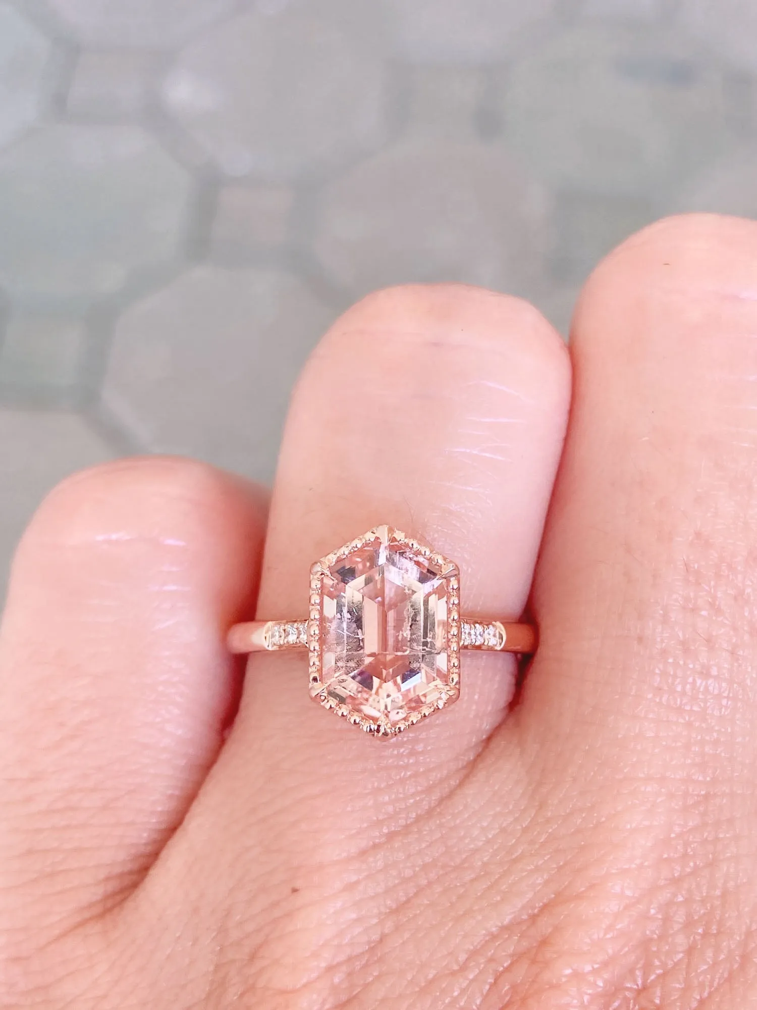 2.17ct Soft Pink Hexagon Morganite Engagement Ring 14K Rose Gold R6392