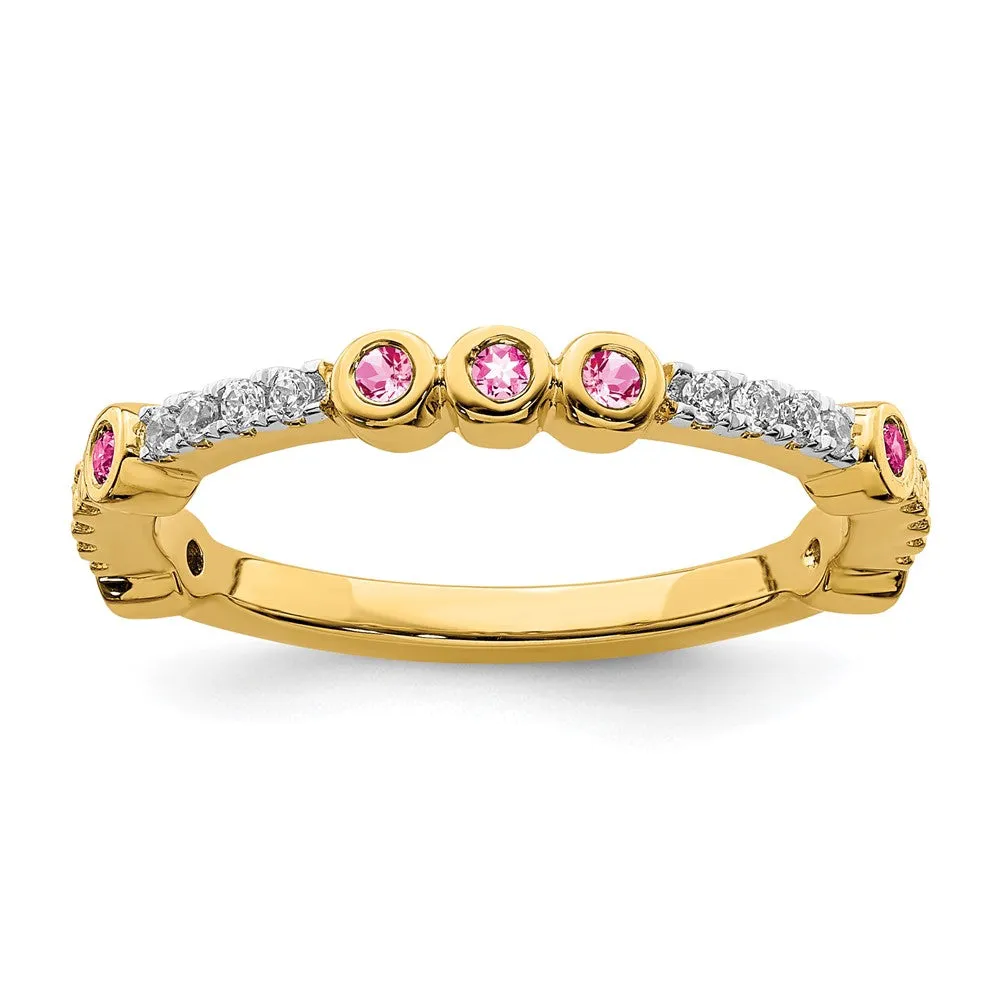 2mm 14k Yellow Gold Pink Tourmaline & .08 Ctw Diamond Stackable Band