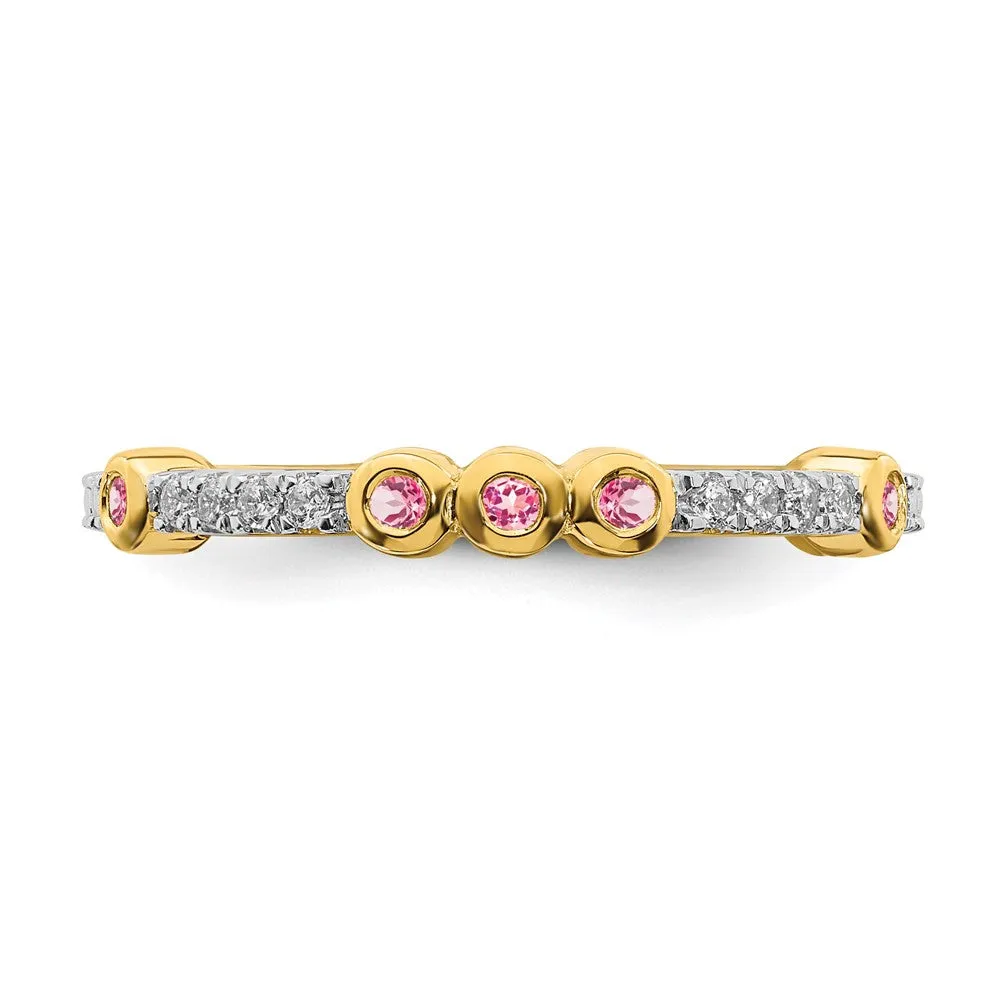 2mm 14k Yellow Gold Pink Tourmaline & .08 Ctw Diamond Stackable Band