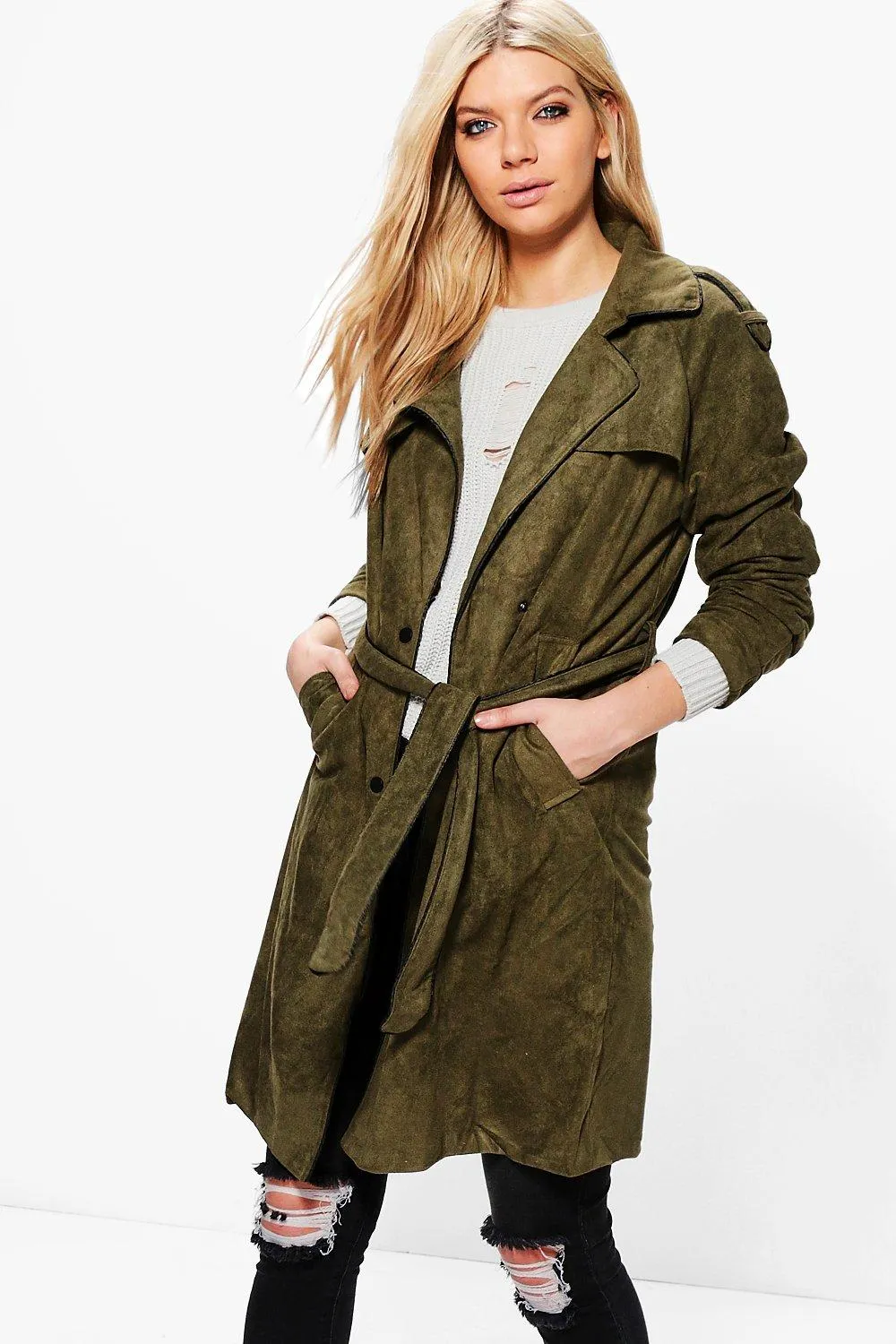 Amber Suedette Belted Trench