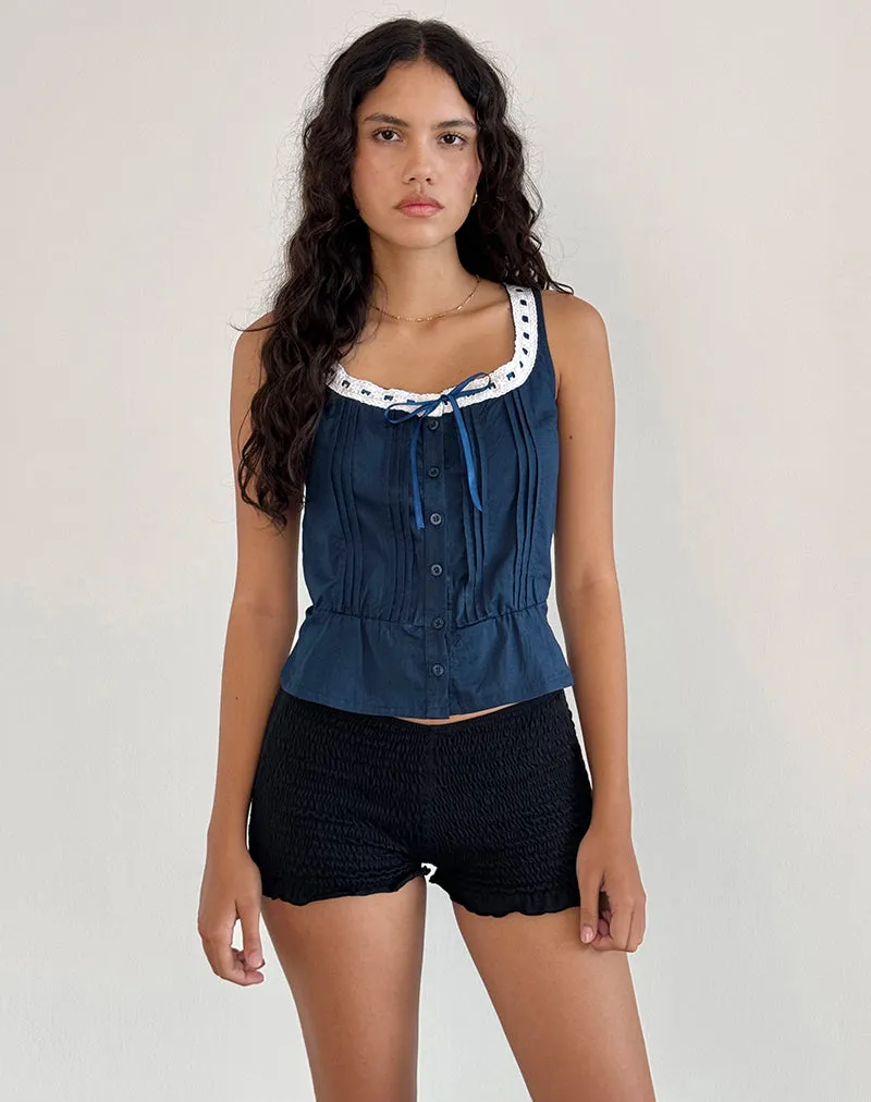 Arhan Sleeveless Top in Navy Poplin with White Trim