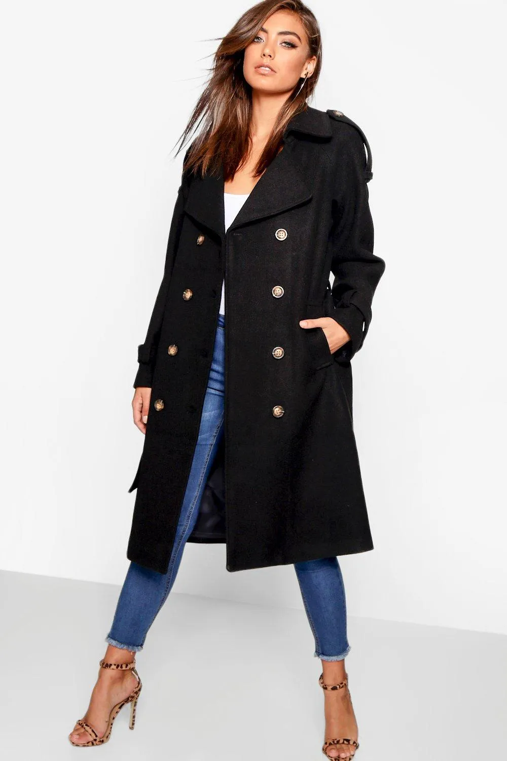 Belted Wool Look Trench Coat