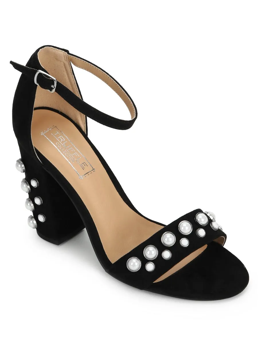 Black Micro Block Heel Studded Sandals