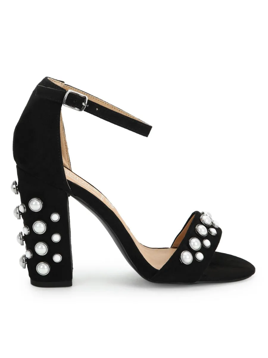 Black Micro Block Heel Studded Sandals