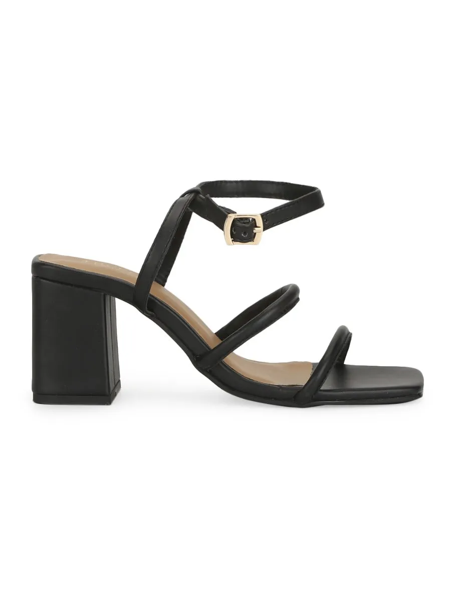 Black PU Block Heel Sandals