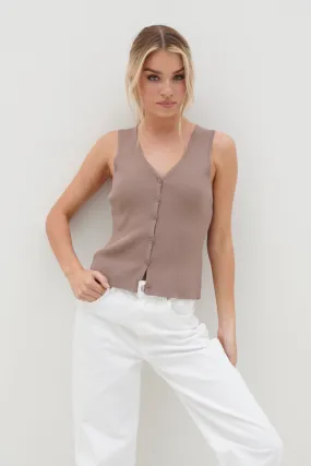 Casey Sleeveless Button Top - Taupe