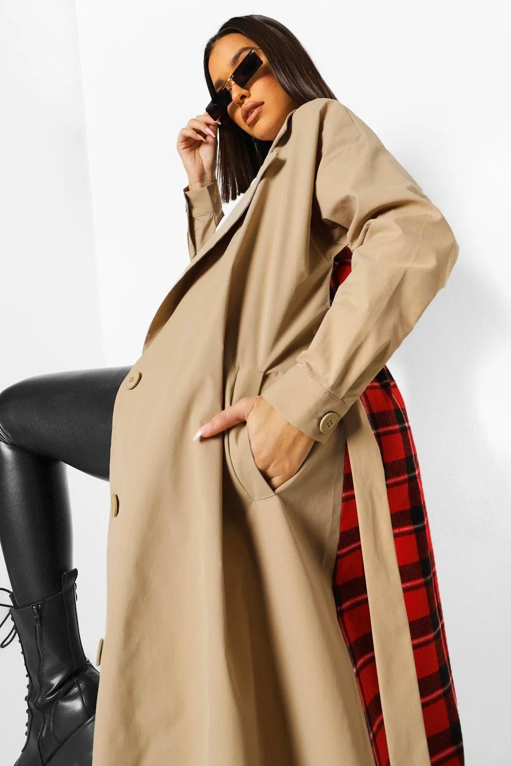 Check Back Belted Trench Coat