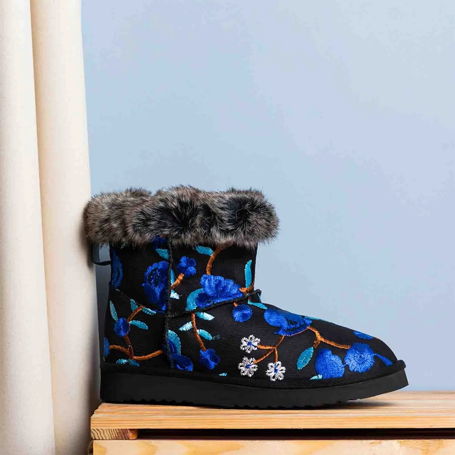 Clarisse Blue Floral Embroidered Suede Leather Snug Boots