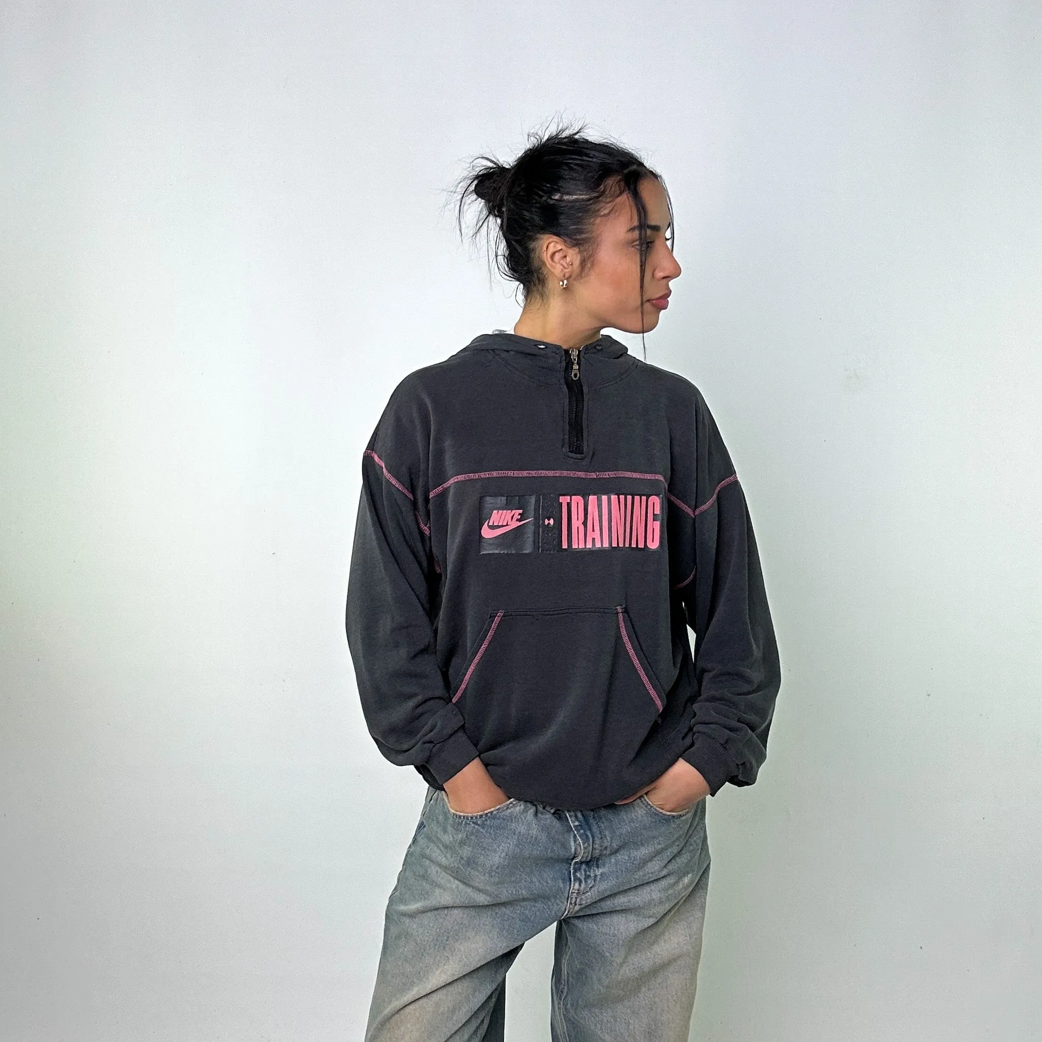 Dark Grey 90s NIKE Spellout Cross-training Hoodie Sweatshirt (L)