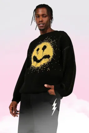 Drip Face Oversized Crew Neck Knitted Sweater