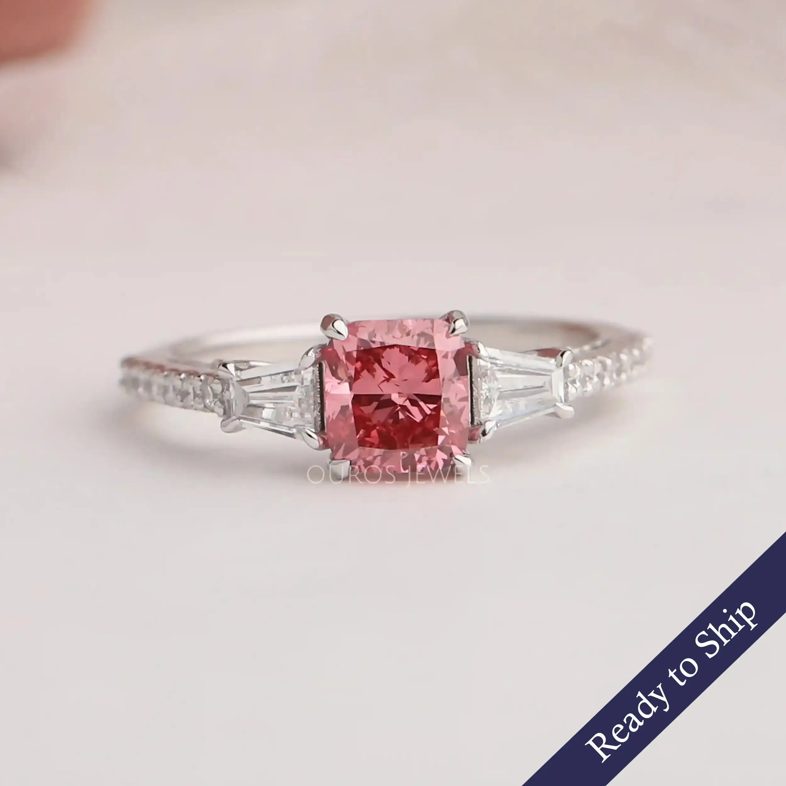 Fancy Pink Cushion Cut Three Stone Engagement Ring