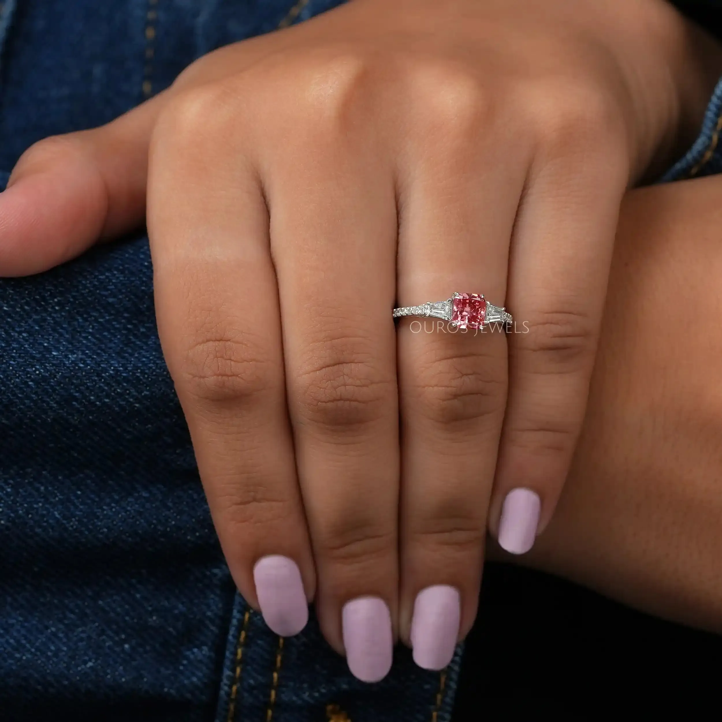 Fancy Pink Cushion Cut Three Stone Engagement Ring