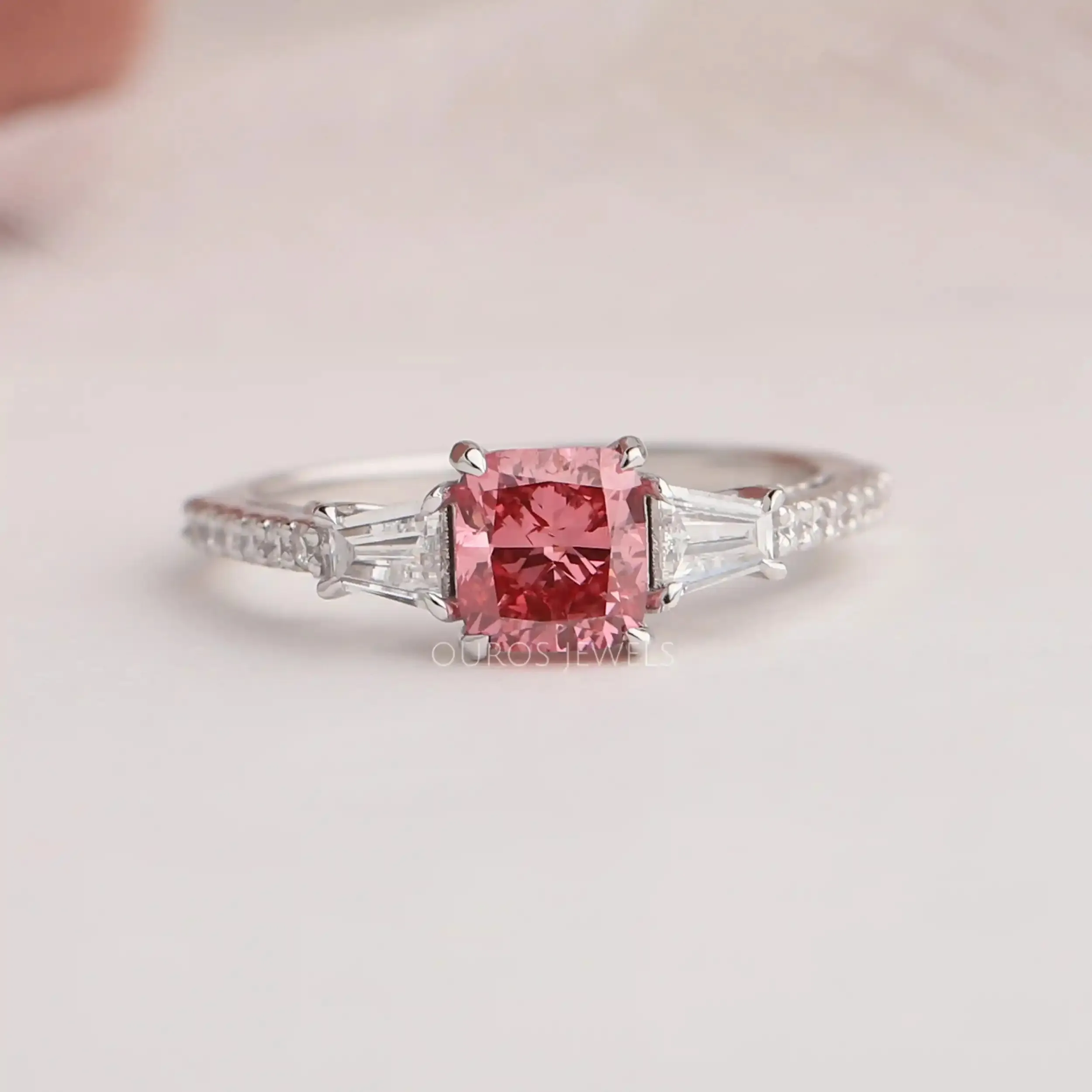 Fancy Pink Cushion Cut Three Stone Engagement Ring