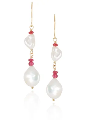 Freshwater Pearl and Red Spinel Earrings in Yellow Gold