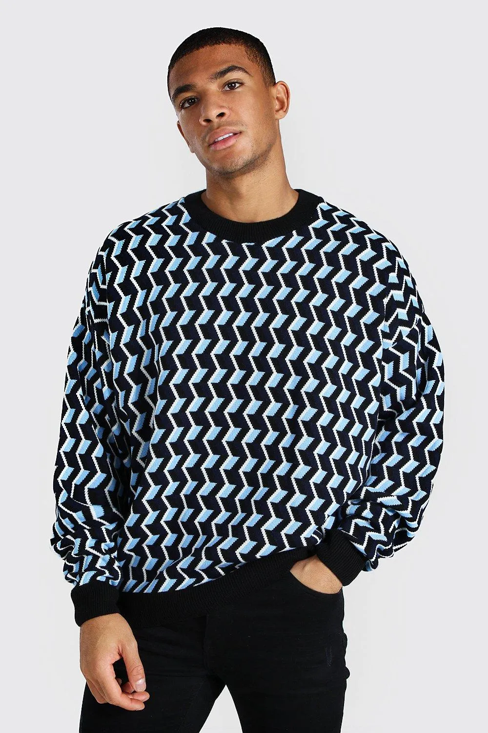 Geo Print Oversized Crew Neck Knitted Sweater