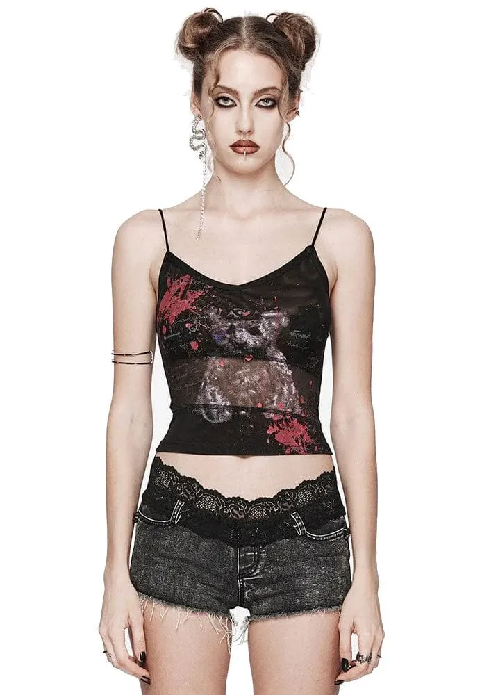Grunge Bear Printed Mesh Tank Top