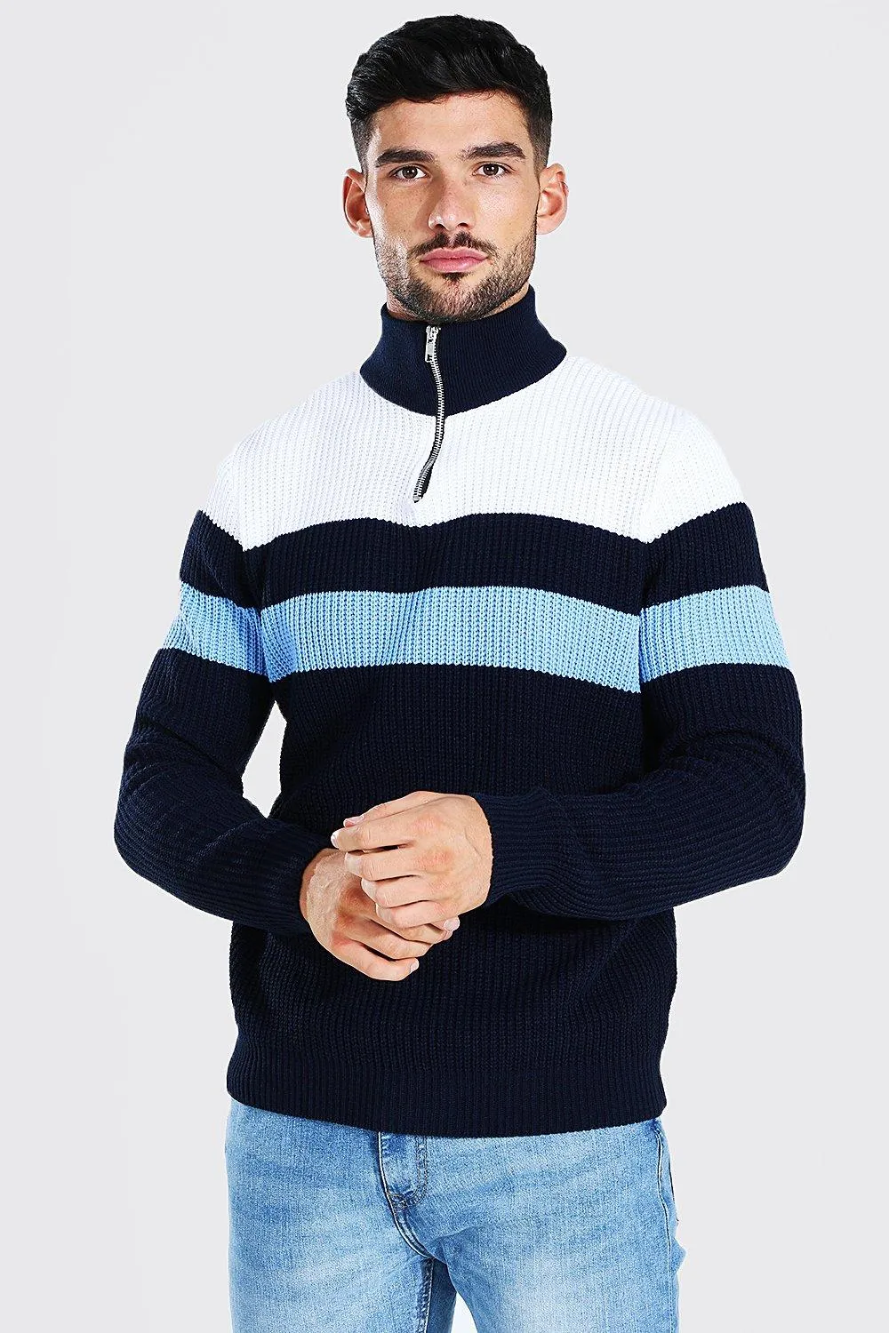 Half Zip Colour Block Chunky Ribbed Sweater