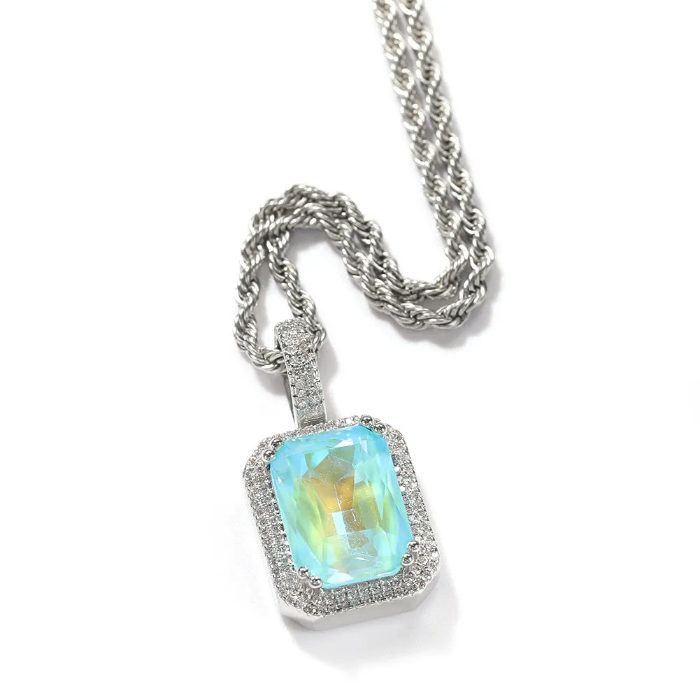 Iced Cz Cubic Zirconia Cz Pendant Pink/Blue/Green/Red Square Fluorescent Gem Pendant Necklace