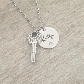 Keylee Personalized Key Necklace, Pink or Clear Stones, Stainless Steel (READY IN 3 DAYS)