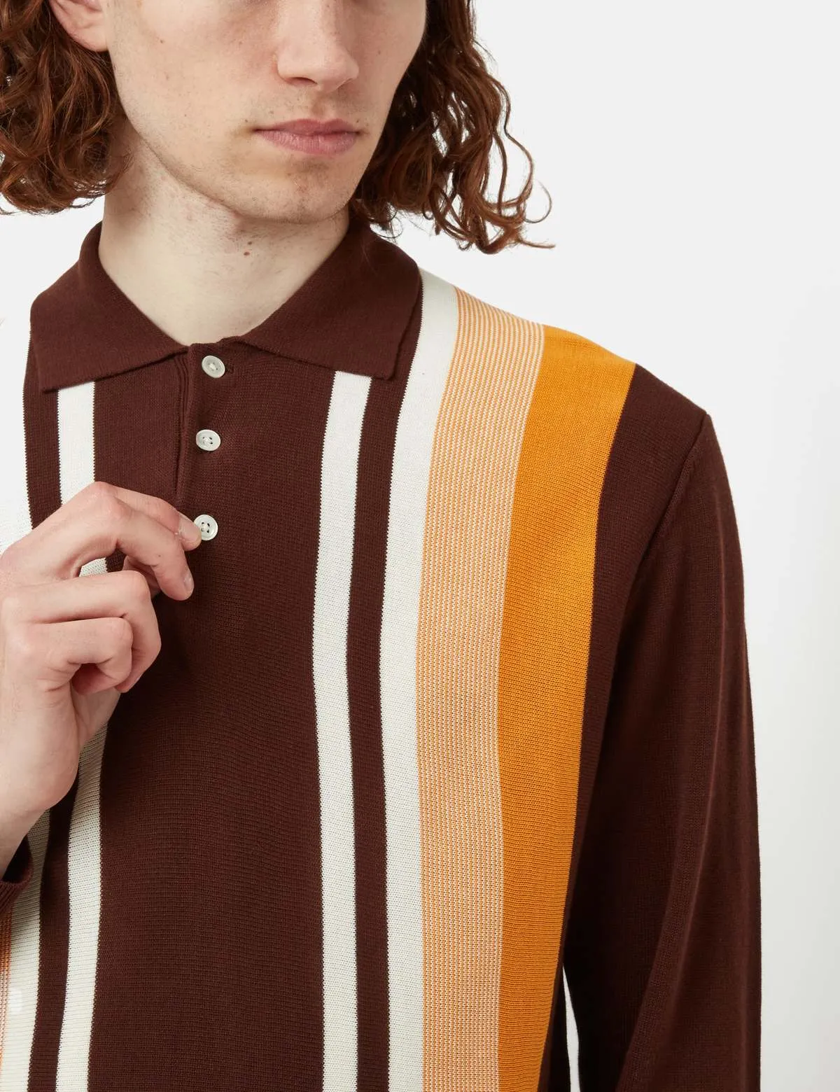 Knit Polo 12G Stripe - Brown