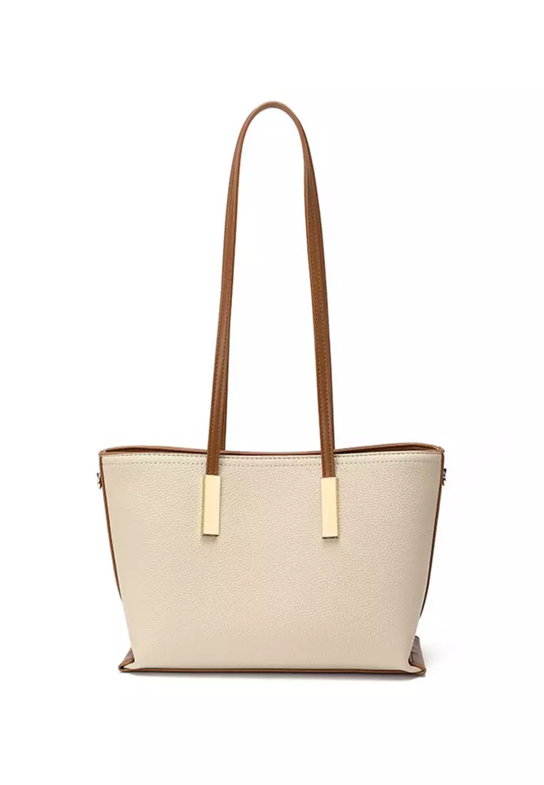 Lara Women's Elegant Plain PU Leather Zipper Tote Bag Shoulder Bag - Beige