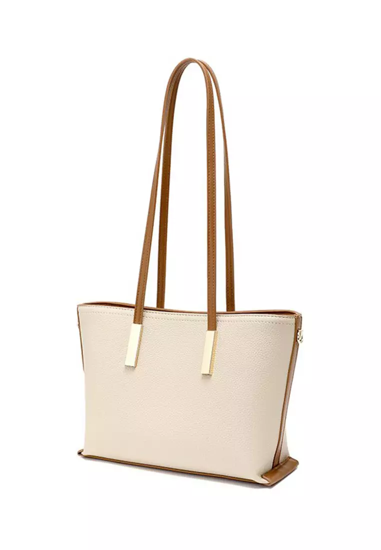 Lara Women's Elegant Plain PU Leather Zipper Tote Bag Shoulder Bag - Beige