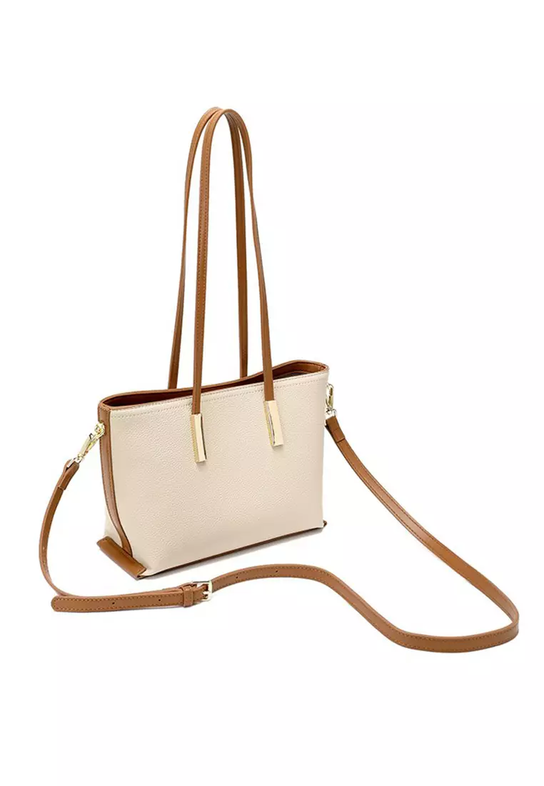 Lara Women's Elegant Plain PU Leather Zipper Tote Bag Shoulder Bag - Beige