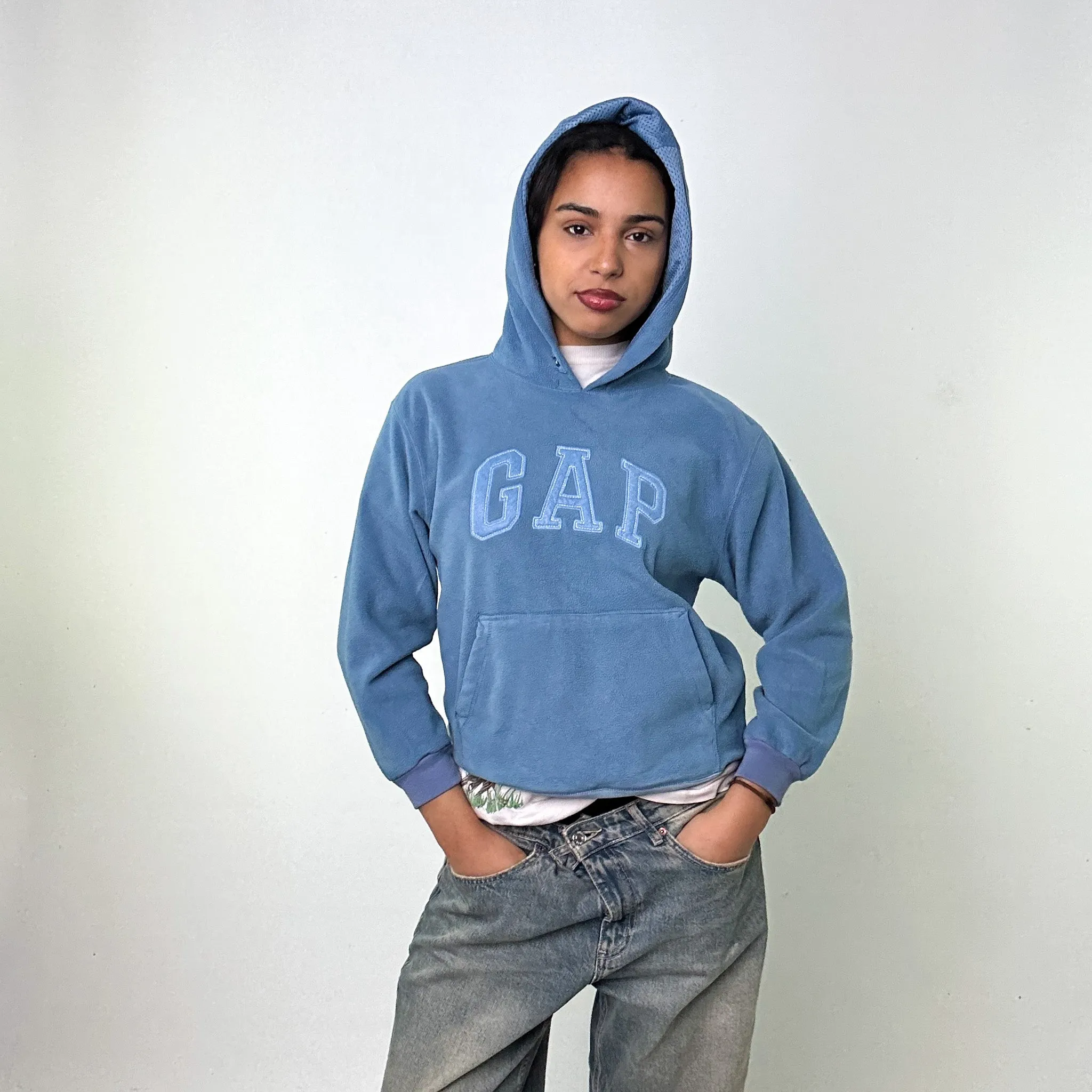 Light Blue 90s GAP Fleece Spellout Hoodie Sweatshirt (XS)