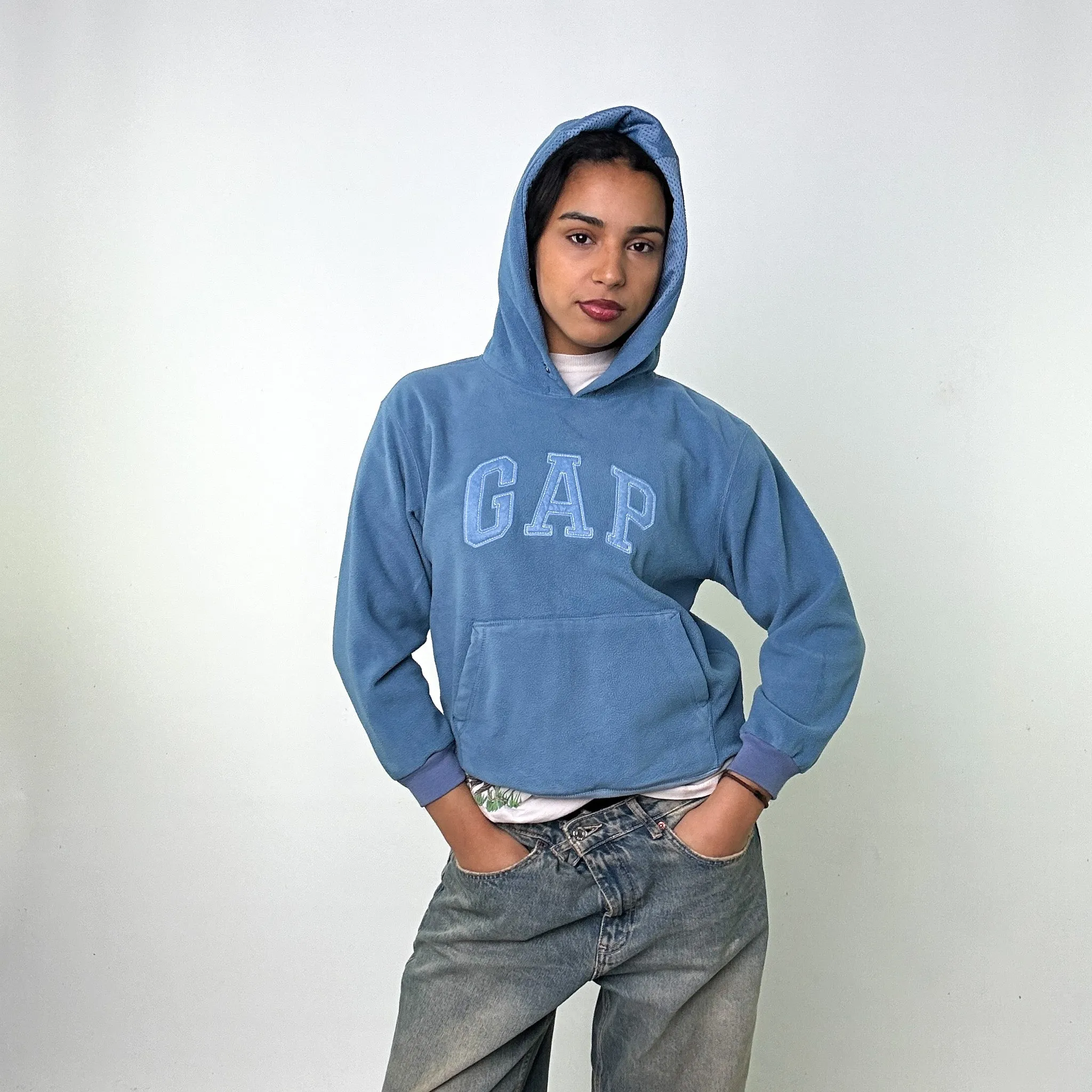 Light Blue 90s GAP Fleece Spellout Hoodie Sweatshirt (XS)