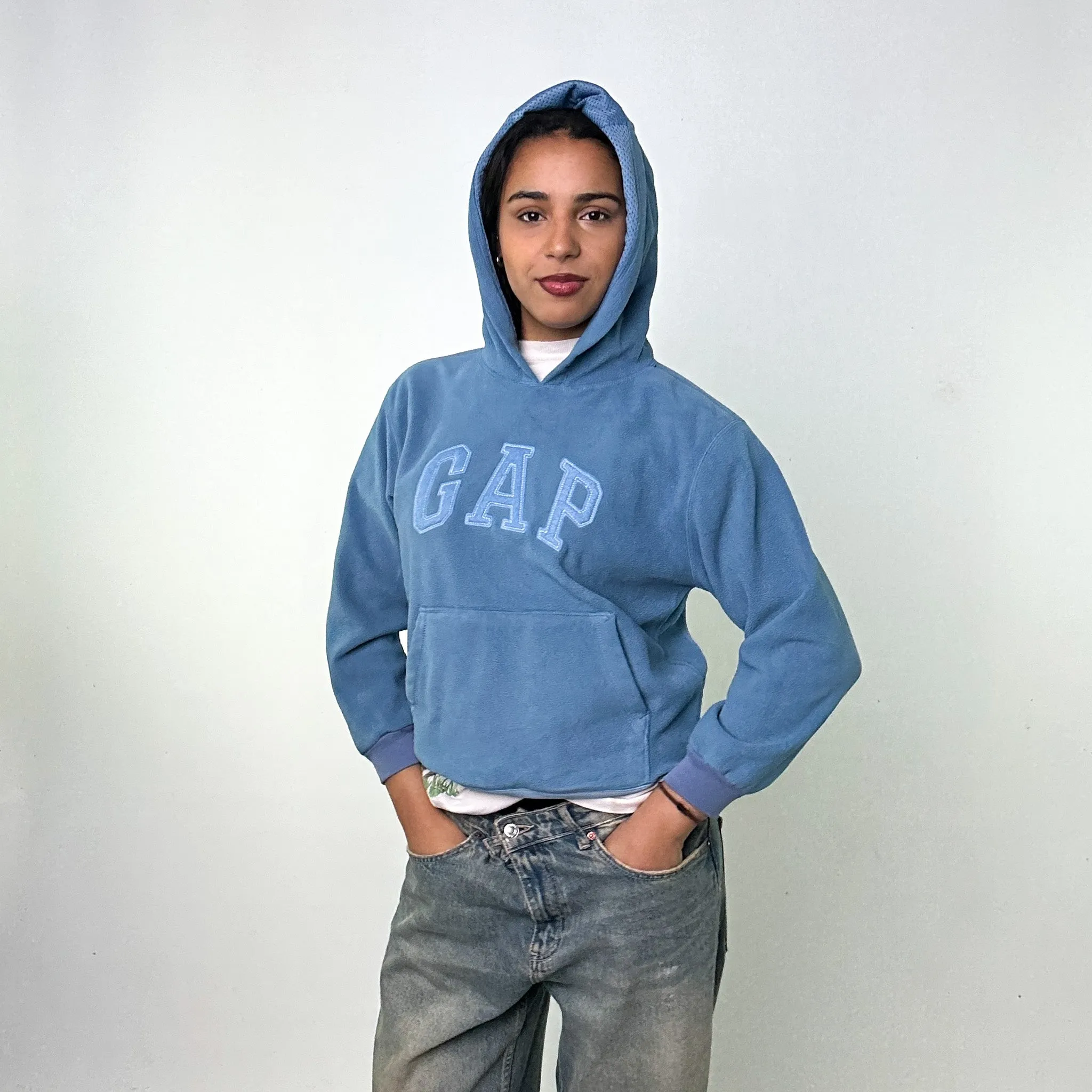 Light Blue 90s GAP Fleece Spellout Hoodie Sweatshirt (XS)