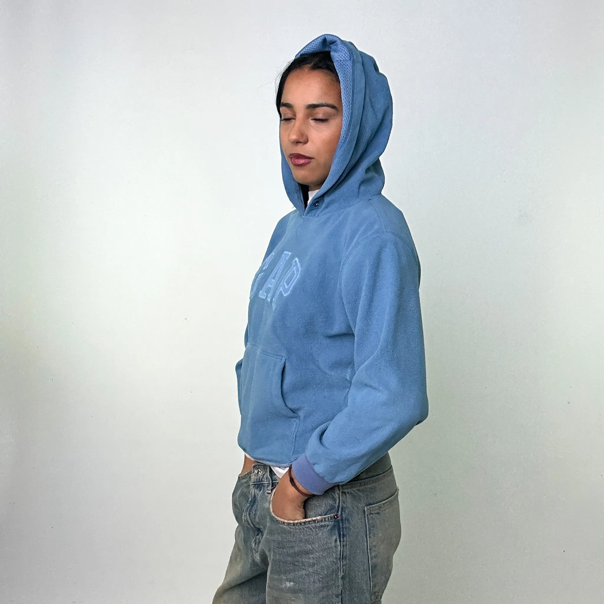 Light Blue 90s GAP Fleece Spellout Hoodie Sweatshirt (XS)