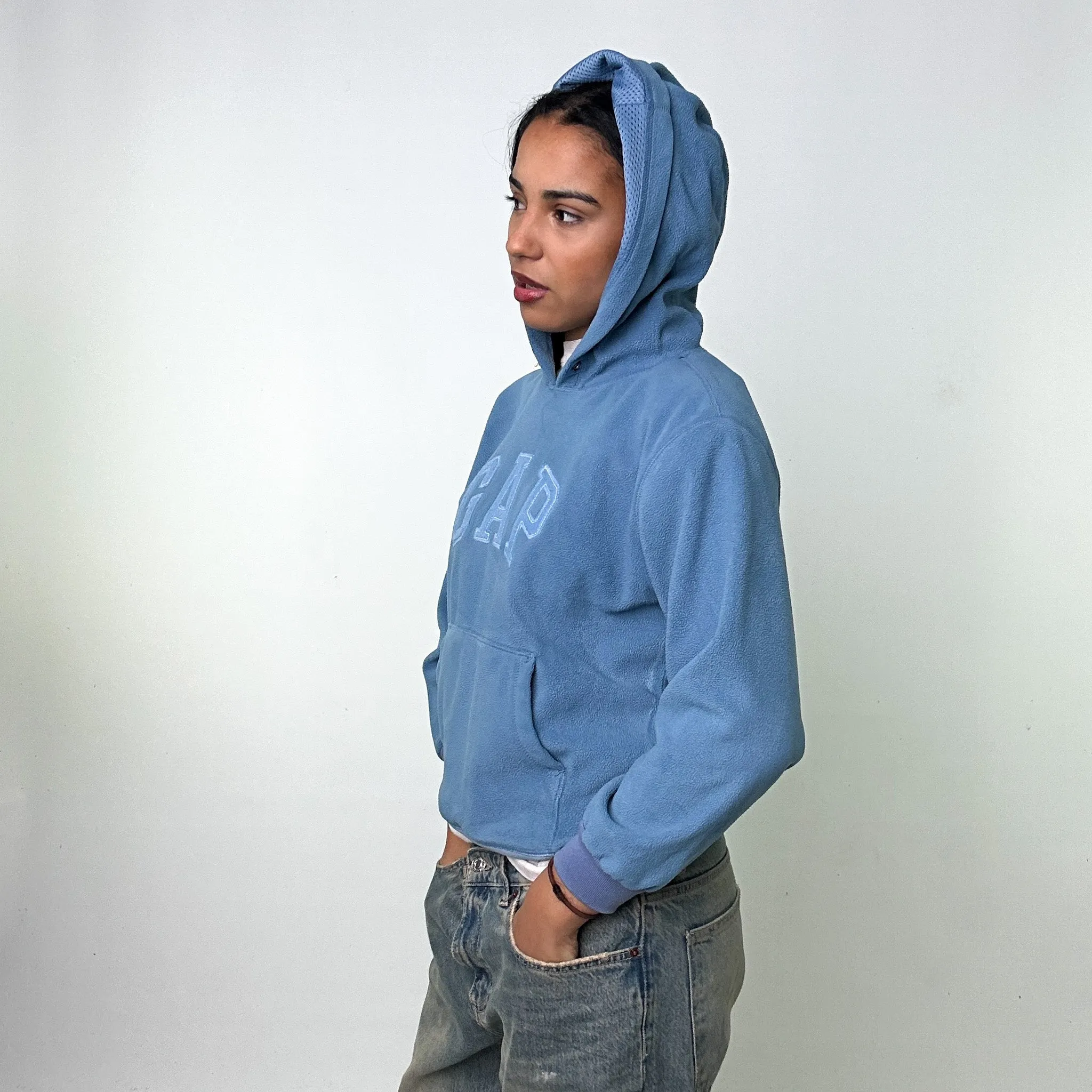 Light Blue 90s GAP Fleece Spellout Hoodie Sweatshirt (XS)