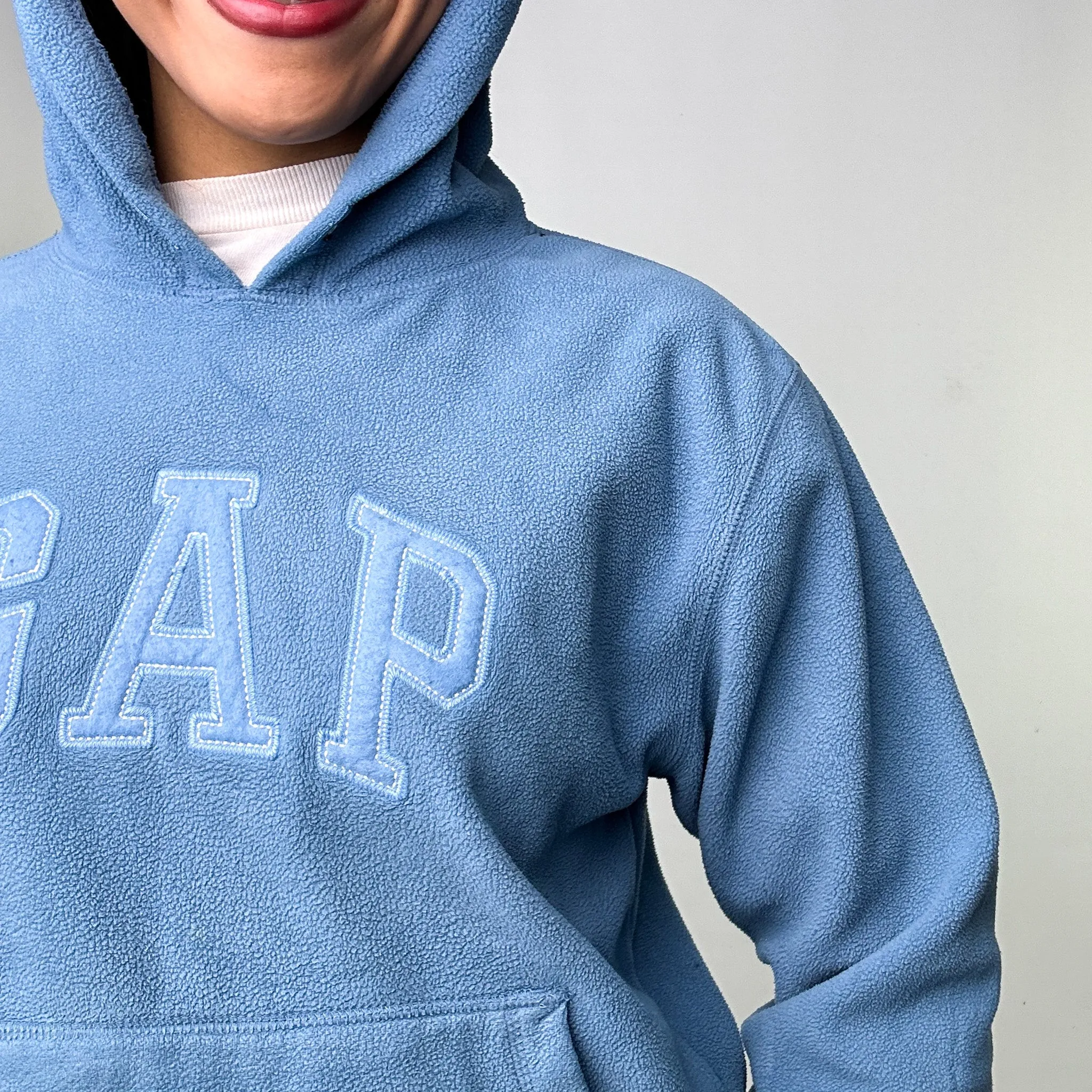 Light Blue 90s GAP Fleece Spellout Hoodie Sweatshirt (XS)