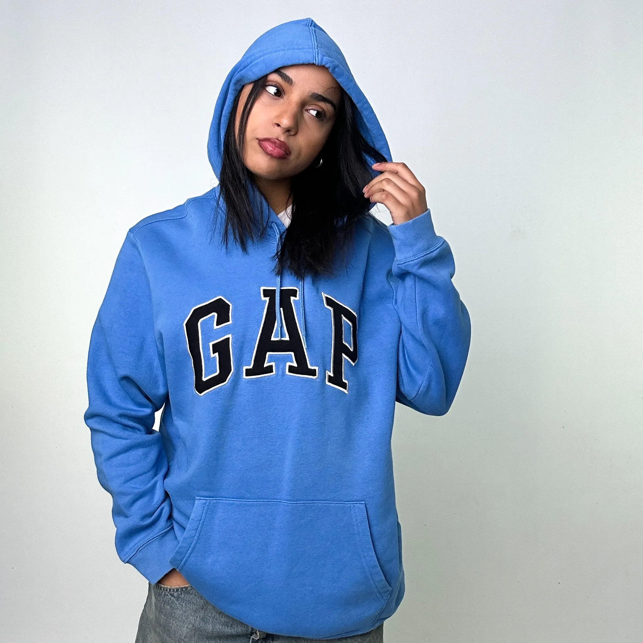 Light Blue 90s GAP Spellout Hoodie Sweatshirt (XL)