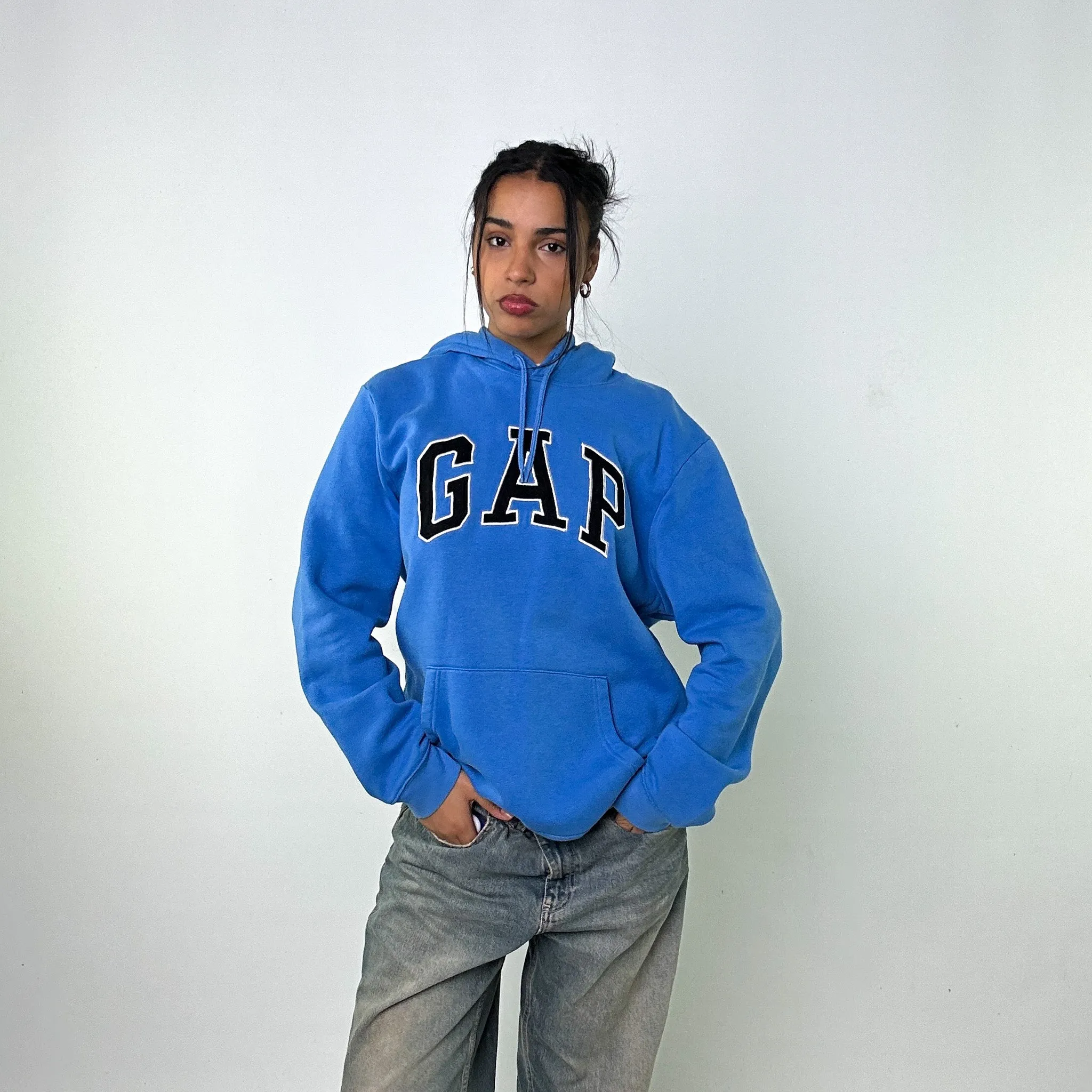 Light Blue 90s GAP Spellout Hoodie Sweatshirt (XL)