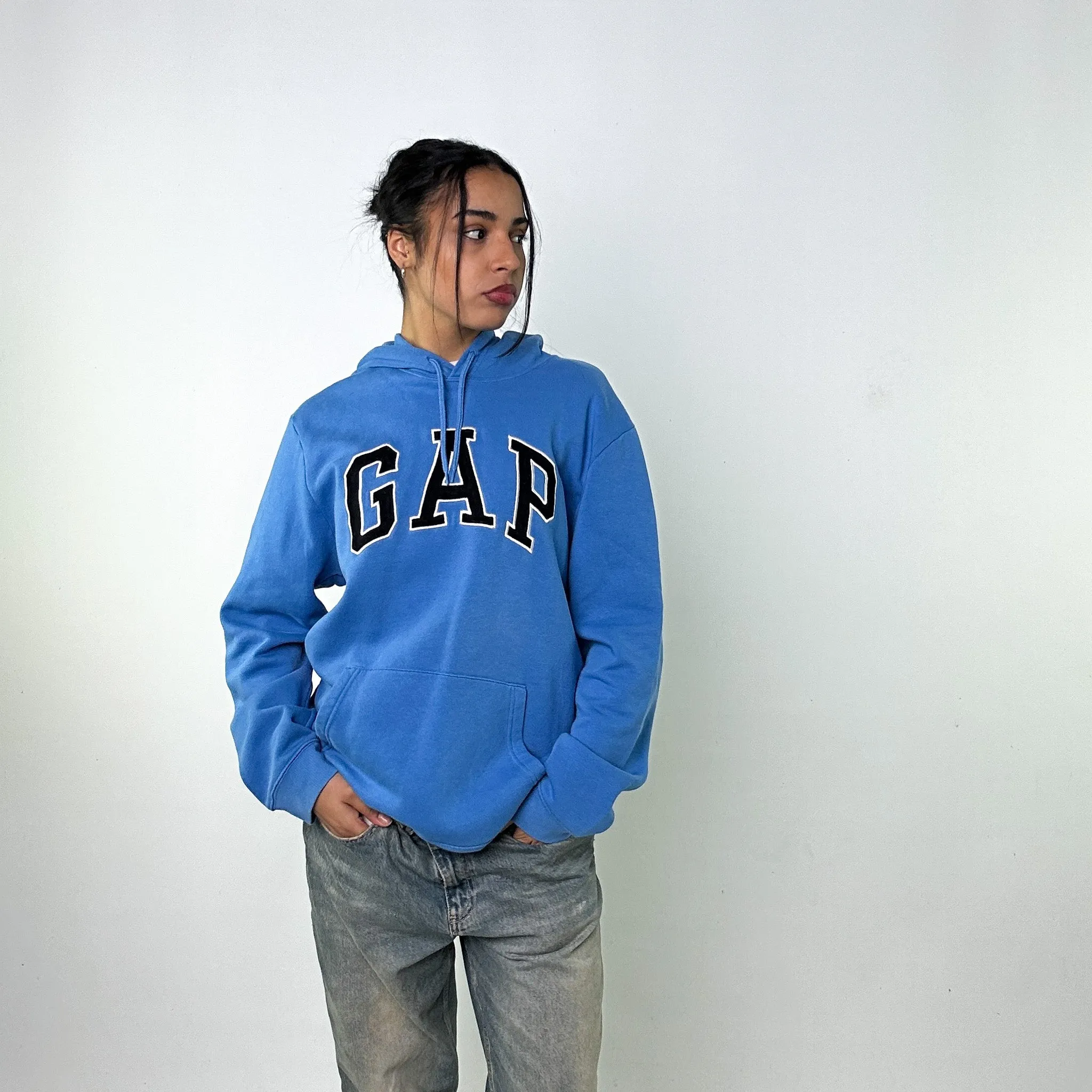 Light Blue 90s GAP Spellout Hoodie Sweatshirt (XL)