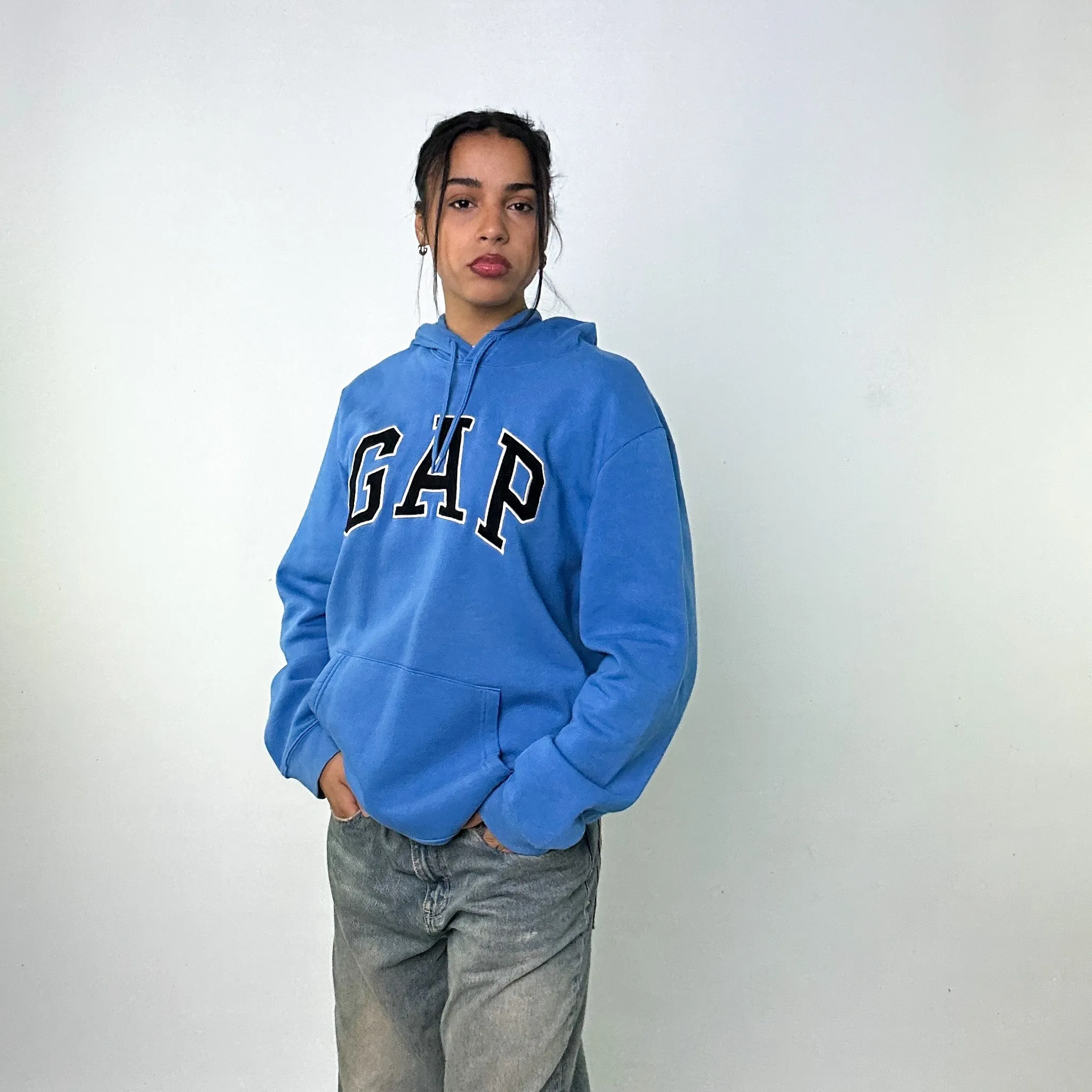 Light Blue 90s GAP Spellout Hoodie Sweatshirt (XL)