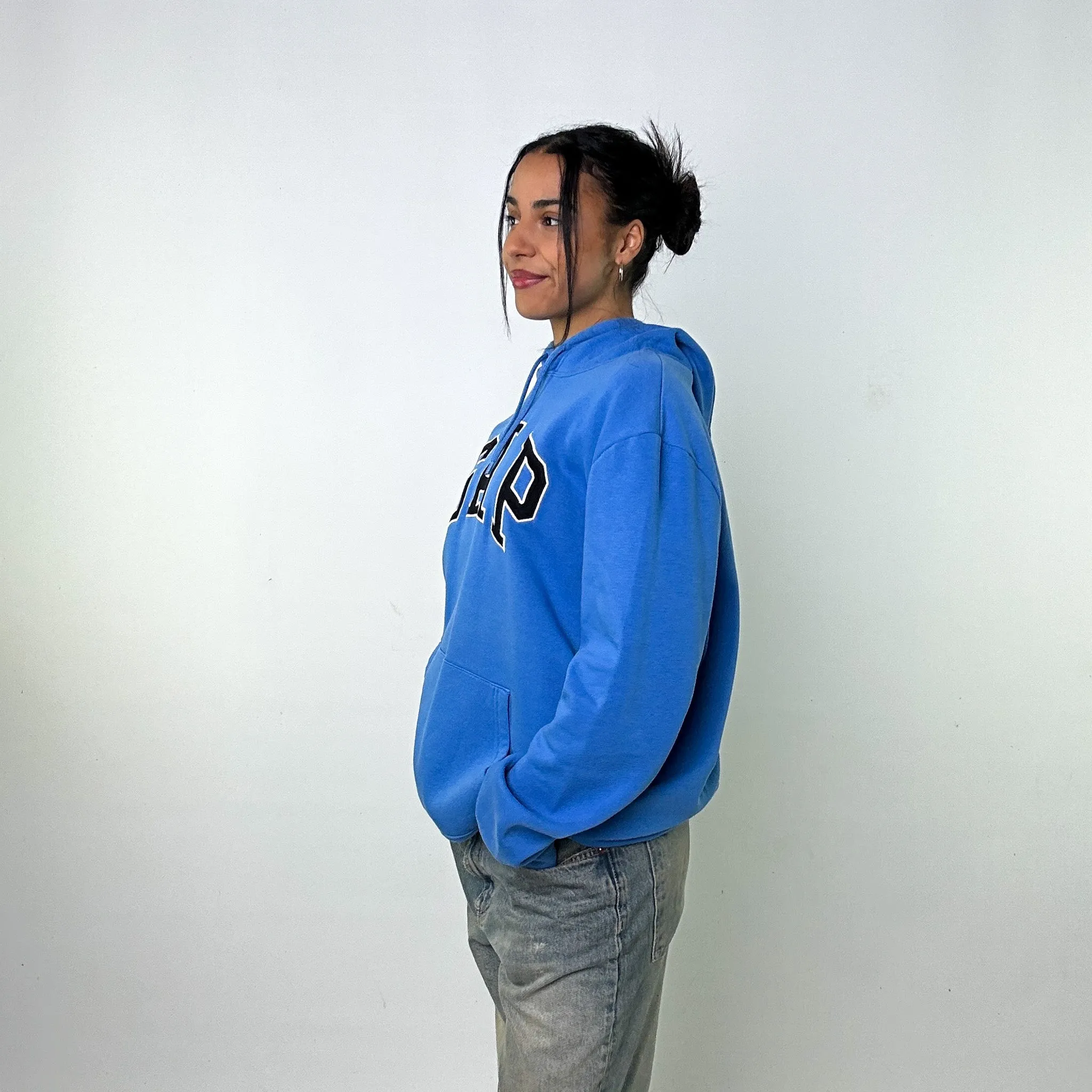 Light Blue 90s GAP Spellout Hoodie Sweatshirt (XL)