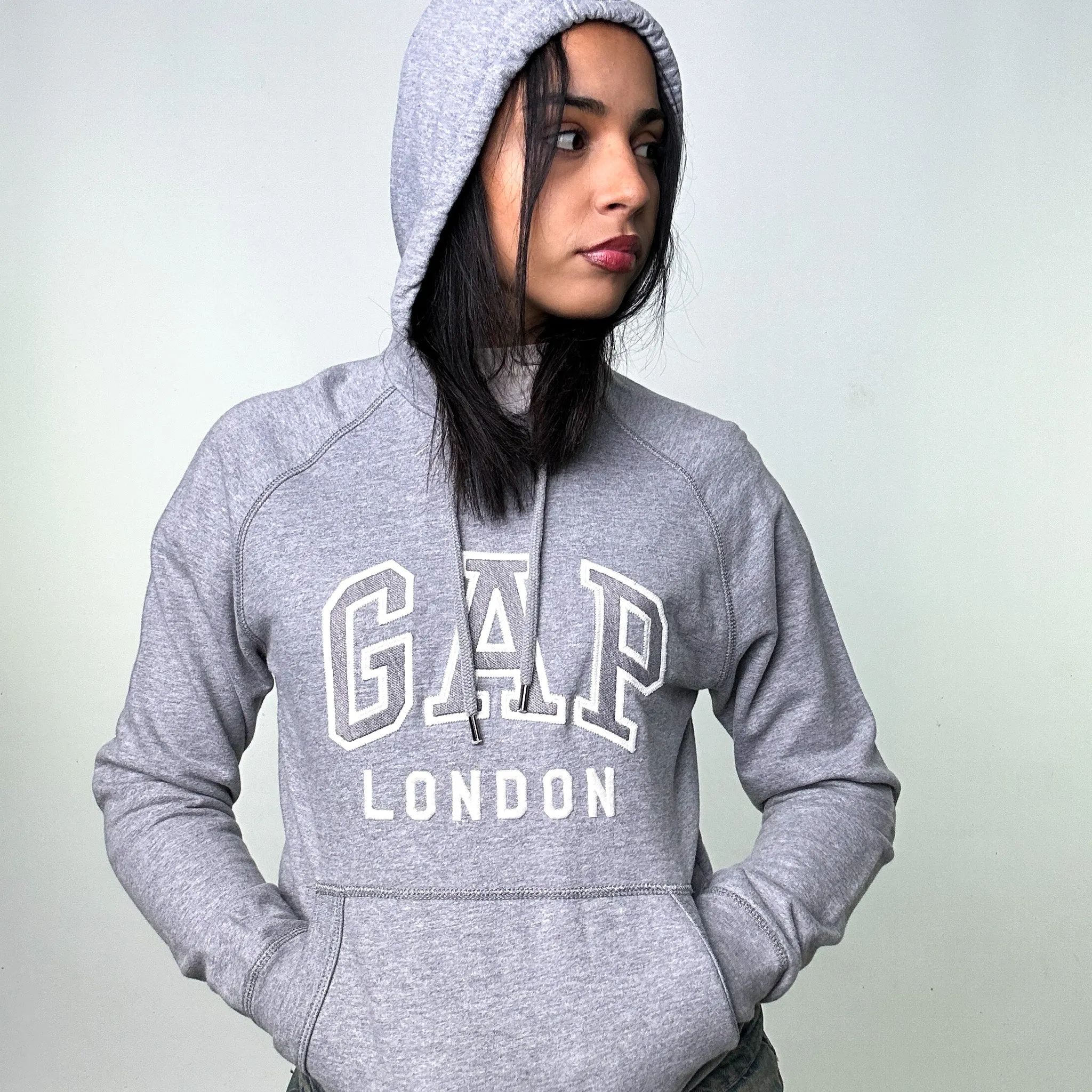 Light Grey 90s GAP Spellout Hoodie Sweatshirt (XS)