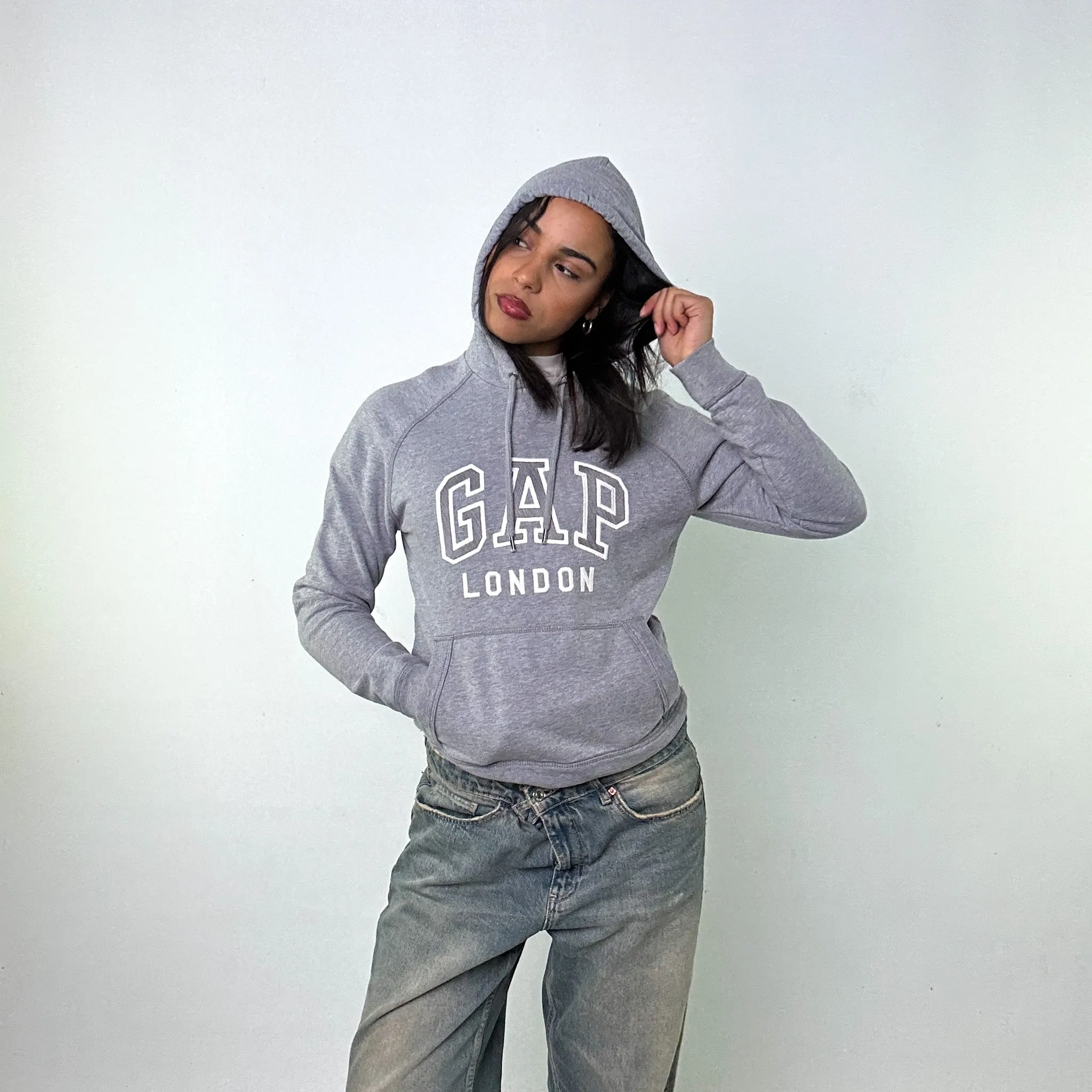 Light Grey 90s GAP Spellout Hoodie Sweatshirt (XS)