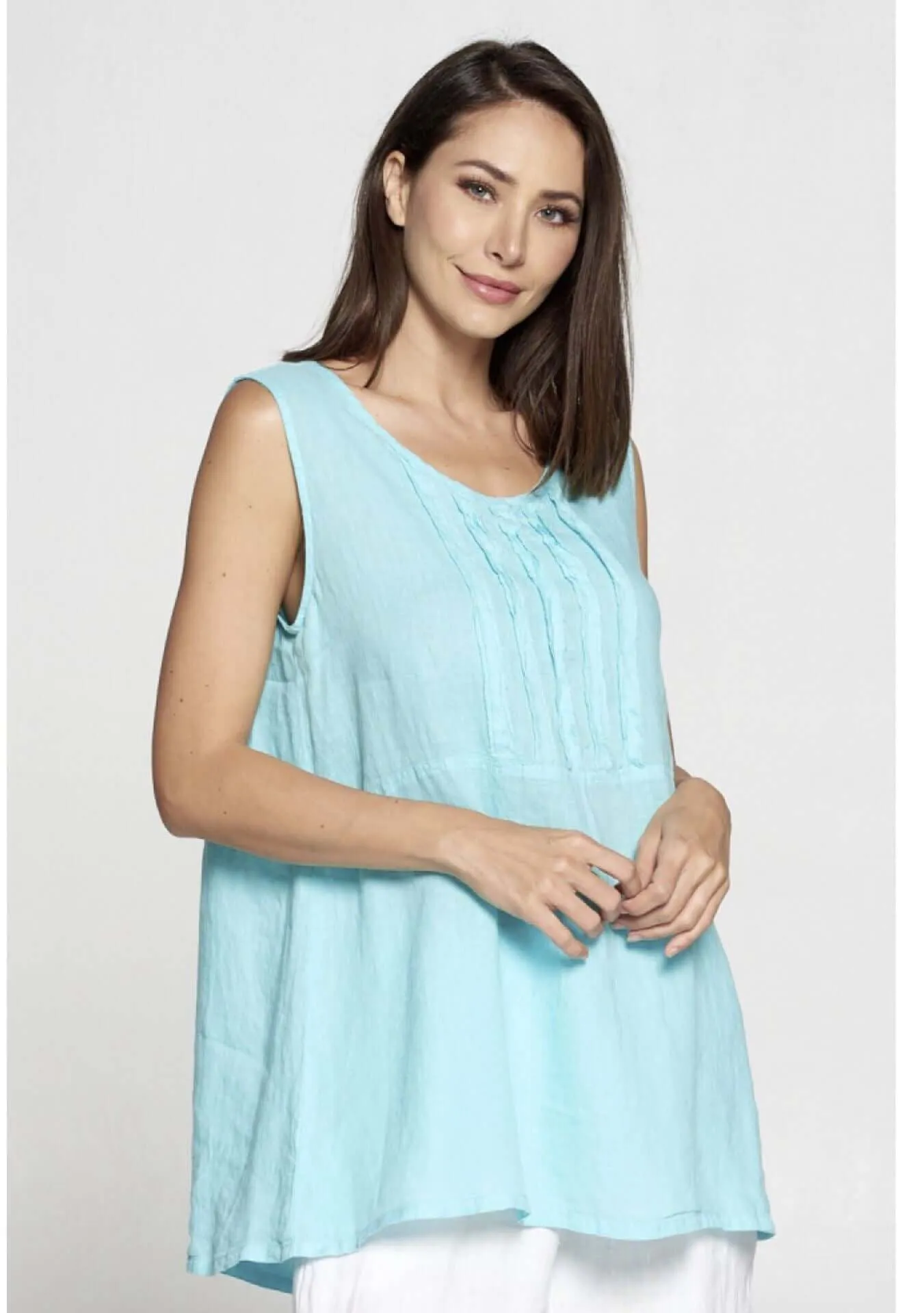 Linen Collection Frayed Edge Detail Aqua Sleeveless Top Made in USA - CLEARANCE FINAL SALE