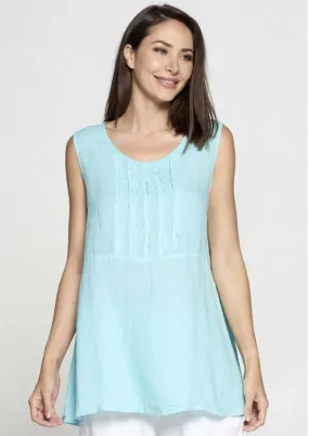 Linen Collection Frayed Edge Detail Aqua Sleeveless Top Made in USA - CLEARANCE FINAL SALE