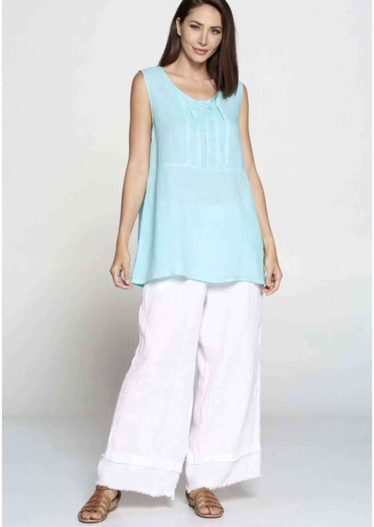 Linen Collection Frayed Edge Detail Aqua Sleeveless Top Made in USA - CLEARANCE FINAL SALE