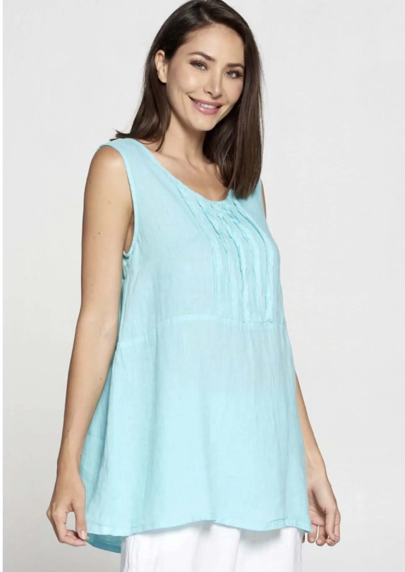 Linen Collection Frayed Edge Detail Aqua Sleeveless Top Made in USA - CLEARANCE FINAL SALE