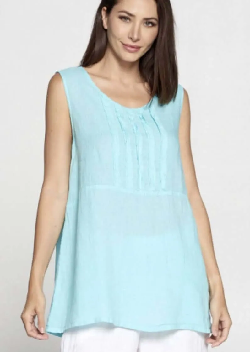 Linen Collection Frayed Edge Detail Aqua Sleeveless Top Made in USA - CLEARANCE FINAL SALE