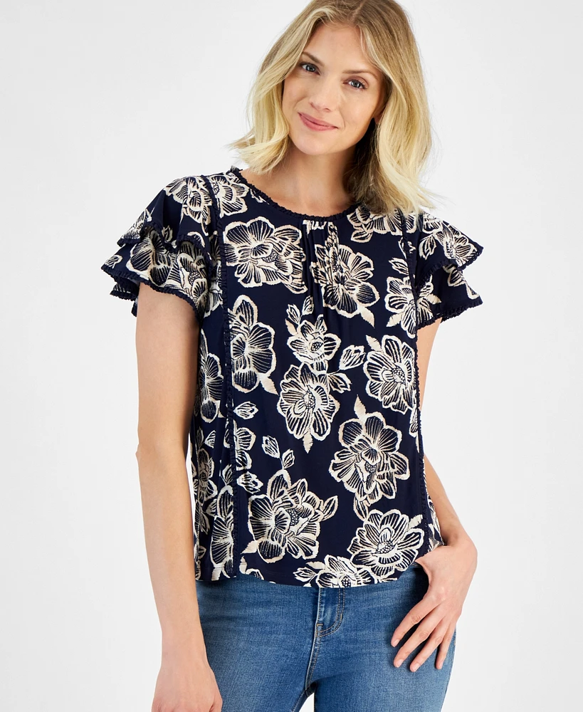 Macy's Nautica Jeans Women's Batik Rose Flutter-Sleeve Top