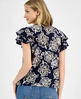 Macy's Nautica Jeans Women's Batik Rose Flutter-Sleeve Top